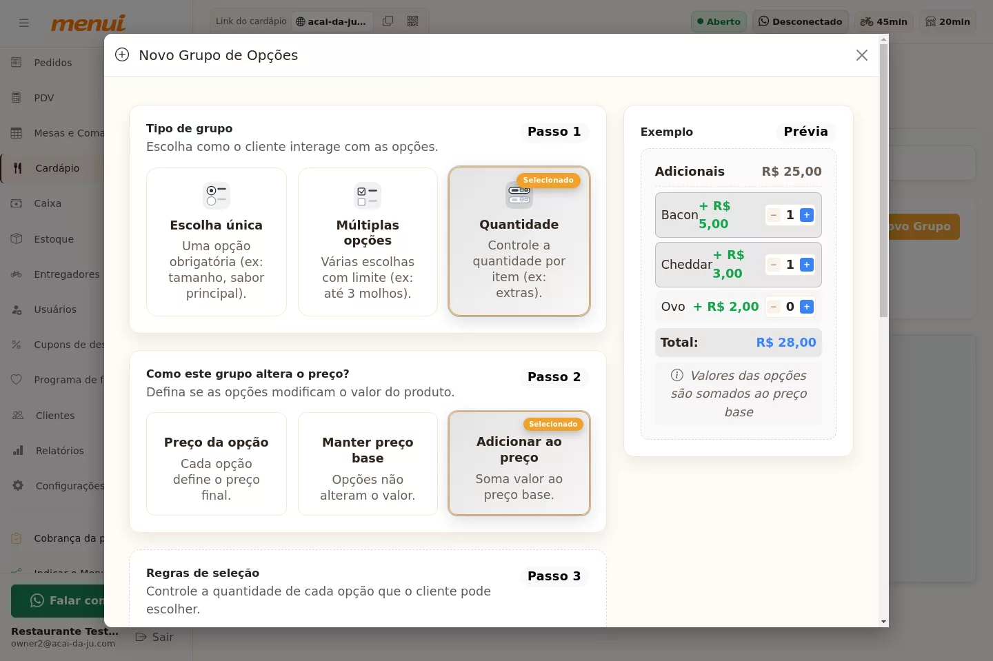 Início da configuração do grupo de adicionais do Açaí no Menui