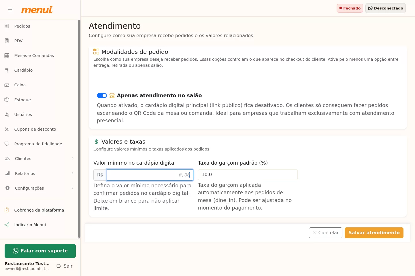 Onde ativar apenas atendimento no salão no Menui